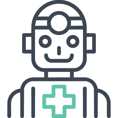 Friendly robot figure with a teal medical cross on its chest