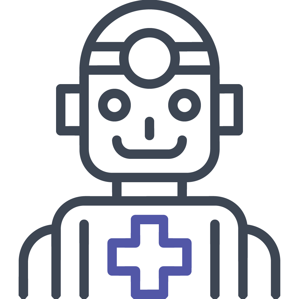 Robot icon with a purple medical cross on its chest, indicating a healthcare assistant visual.